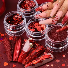6 Boxes Red Heart Nail Art Glitter Sequins Red Love Sparkly Nail Powder Valentine's Day Nail Supplies New Year Wedding Shiny Nail Flakes for Women Girls Holographic Manicure Tips Charms Pigment…