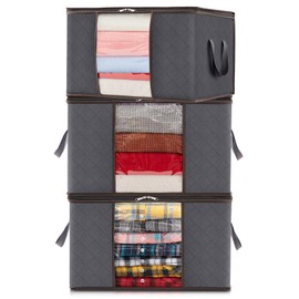 Lifewit Pack of 3 Storage Bags, Storage Box with Lid, Wardrobe Organiser, Foldable Clothes Storage, Moving Boxes with Reinforced Handle for Duvets, Clothes, Blankets, Grey