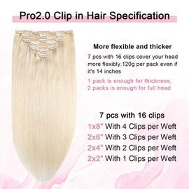 Sweetmet Pro2.0 Clip in Hair Extensions Real Human Hair 20inch 7pcs #60 Platinum Blonde Remy Real Human Hair Extensions Clip ins 120g Thick Seamless Double Weft for Women（#60-20inch）