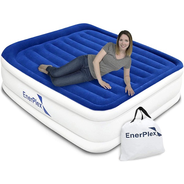 Queen Air Mattress with Built in Pump - 15" Luxury Size Self-Inflating Blow Up Mattress with Neck Support - Inflatable Air Bed for Portable Travel & Home Use (Blue/White)