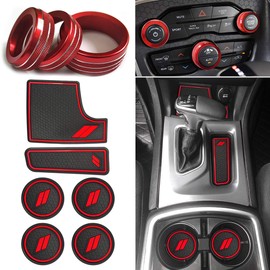 Auovo Anti-Dust Mats and Trims for Charger Accessories 2015-2023 6PCS Car Cup Holder Coasters Insert Center Console and 3 PCS Aluminum Alloy Air Conditioner Volume Radio Knob Cover Decal(red)