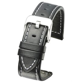 Genuine Waterproof Leather Watch Band with Quick Release Spring Bars - Black Leather Watch Strap 22mm (White Stitching)