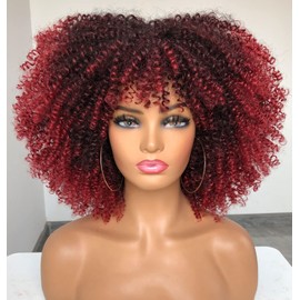 CoCrowns 14inch Short Curly Afro Wigs for Black Women Afro Kinky Curly Wig with Bangs No Glue Full and Fluffy like a Bomb Full wig (Ombre Red)