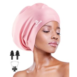 Swim Cap for Long Thick Hair, 3 Size Silicone Swimming Caps for Dreadlocks, Braids, Weaves, Extensions, Curls & Afros, Adult Waterproof Swim Hats Bathing Caps for Women Men (Pink-XL)