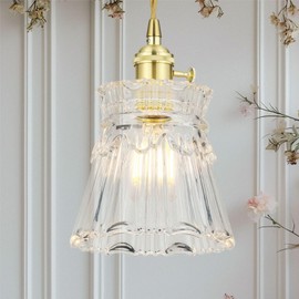 GEOVANCY Vintage Pendant Light - Gold Hanging Lamp with French Floral Glass Shade, 70-Inch Adjustable Cord for Kitchen Island, Dining Room, Bedroom, Over Table (Hardwired)