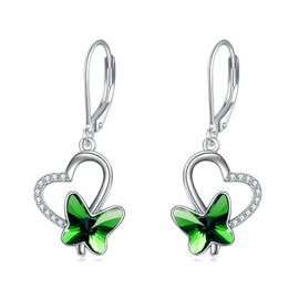VONALA Butterfly Earrings for Women 925 Sterling Silver Leverback Drop Dangle Earrings with Crystals Butterfly Jewellery Birthday Gifts for Her Girls Mum (Green)