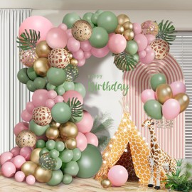 Jungle Safari Balloons Garland Arch Kit ，Animal Printed Pink Sage Green Balloons Wild One Giraffe Leopard Safari Decorations for Birthday Baby Shower Party Supplies