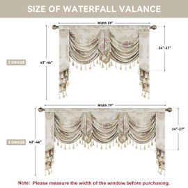 Loom and Mill Luxury Jacquard Waterfall Valance for Living Room Bedroom, Floral Damask Swag Window Valances with Tassels, Pearly Beige Swag Curtains for Banquet Holiday Decoration(W59Inch,1 Panel)