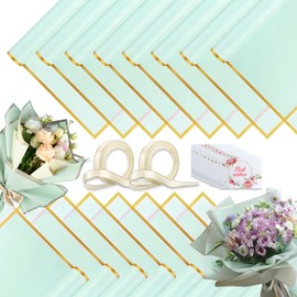 Luerbi Valentine's Day Floral Wrapping Paper, 40 Sheets Light Green Flower Wrapping Paper, Bouquet Paper Wrap, Floral Wrapping Paper Bouquet with 2 Rolls Ribbon for Weddings Birthday Gift DIY Decor