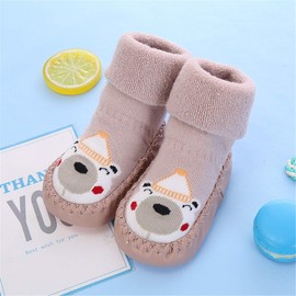 Gavena 2 Pairs of Baby Girl Slipper Socks Indoor Toddler Girls Slippers Combed Cotton Fluffy Newborn Warm Soft Sole Anti-Slip Baby Kids Slip On Socks Shoes, Light Pink/Brown, 12-18 Months