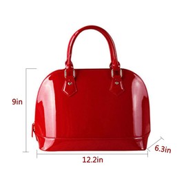 Patent Leather Dome Satchel Purse Zip-around Handbag Multi-Pocket Shoulder Bag Shiny Large Top-handle Shell Bag (Red)