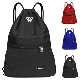 WESTWOOD FOX WFX Drawstring Bag String Waterproof Sport Gym Sack Backpack for Women Men PE Bag Outside Pocket Zipper School Beach Holidays Swimming Travel (Jet Black)