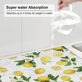 Lemon And Leaves Dish Drying Mat, Highly Absorbent Microfiber Kitchen Counter Pad Reusable Washable, 16*18"