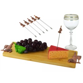 Ebros Gift Wine And Grapes Bamboo Cheese Board 16" by 5" & 6 Stainless Steel Picks Gift Set