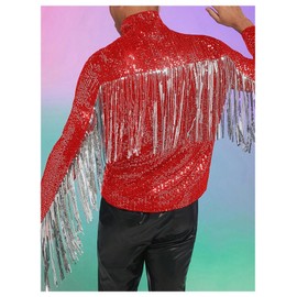 BEAUDRM Men's Fringe Trim Jackets Zip Up Long Sleeve Sequin Regular Fit Spring Fall Coats Red Large