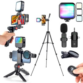 Vlogging Kit for iPhone,YouTube Starter Kit,Phone Holder for Video Recording Vlogging Camera Kit with Double Tripod/RGB Light/Wireless Microphone/CPL ens/Remote Control