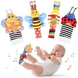 Juguetes para bebés de 0 a 6 meses - Sonajeros de muñeca y calcetines con sonajero para pies y localizador de pies para bebés recién nacidos, niños y niñas, esenciales para bebés, juguetes sensoriales