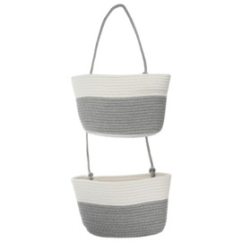 PATIKIL Hanging Basket Over The Door, 2-Tier Hanging Woven Cotton Rope Wall Mounted Storage Baskets Organizer Decorative for Books Flowers Closet Living Room Kitchen, Grey