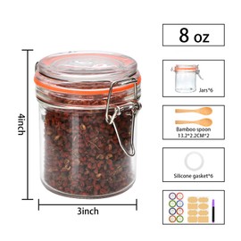 Flrolove 8 oz Airtight Glass Jars with Lids,Glass Food Storage Canisters with Airtight Clamp Lids,Air Tight Glass Storage Container for Kitchen Canning, Spice, Honey,Flour,Set of 6