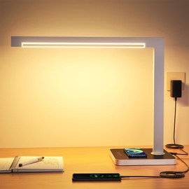 Aluminum LED Desk Lamp with Charging Station, 15W Smart Table Lamp with Type-C Ports & 4 Color Temperature Modes(3000K-6000K), Dimmable Reading Light for Home Office,Bedroom (Includes Adapter)