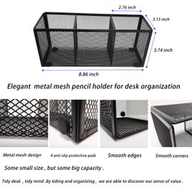 WenkeDigi Pen Pencil Holder Organizer Metal Mesh Desk Organizer,3 Compartments Office Caddy Storage, Small Elegant Black Mesh Pencil Holder,Kitchen Utensil Storage, 8.86 x 3.15 x3 .74 inch (2 Pack)