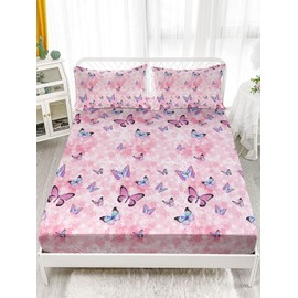 Datura home Sheet Set 4Pcs Fitted and Flat Girls Pink Flower Butterfly Printed with 1 + 2 Pillowcases for (Pink Flower Butterfly Twin) Twin 67x97 inches