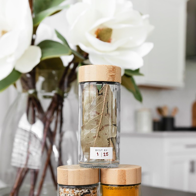 Glass Spice Jars with Label, 24PK Round Bamboo Spice Jar