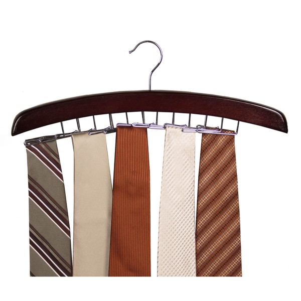 Richards Wooden Tie Rack Hanging Organizer for Mens Closet Accessories, Space Saving Necktie Holder for Storage and Display, Holds 24 Ties, Hook, Walnut Wood with Chrome Accents