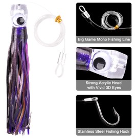 Saltwater Fishing Lures 6/9inch Trolling Lures for Marlin Mahi Tuna Dolphin Shark Big Game Deep Sea Fishing Baits Squid Skirts Rigged Hooks Ocean Gear Tackle