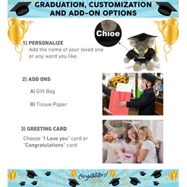 DolliBu Long Leg Elephant Graduation Plush Toy - Soft Plush Graduation Stuffed Animal Dress Up with Gown and Cap with Tassel Outfit - Gift with Personalization - 10.5 Inch