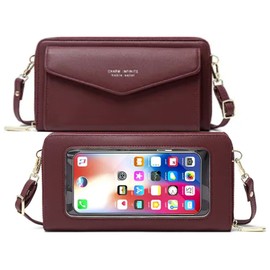 Faux Leather Crossbody Phone Bag for Women, RFID Blocking Touch Screen Wallet Shoulder Handbag with Clear Phone Window (Burgundy)