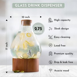 Classic Home Teardrop Clear Glass Ice Cold Beverage Drink Dispenser- 2.75 Gallon, With Cork Lid & Modern Wood Base Leak Proof Spigot- Wide Mouth Easy Filling For Outdoor, Parties & Daily Use