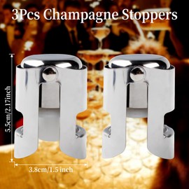 Pack of 3 Stainless Steel Champagne Stoppers, Leak-Proof Prosecco Sealing Cork, Reusable Champagne Bottle Stopper, Champagne Protective Plug, Champagne Vacuum Stopper for Wedding Gift