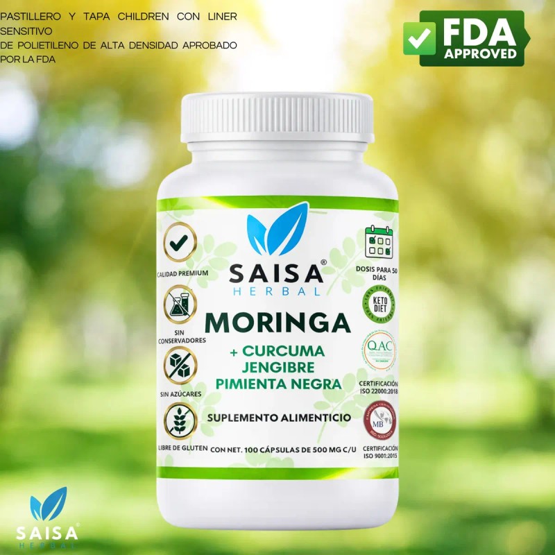 Moringa Cúrcuma Jengibre Pimienta Negra 100 Cáps Saisa Herbal Inmunidad
