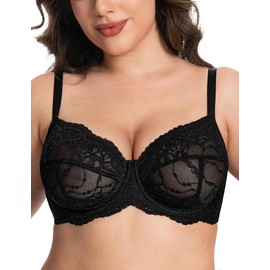 Deyllo Women's Plus Size Bra Full Coverage Minimizer Lace See Through Non Padded Unlined Underwired for Heavy Breasts(Black,38C)