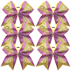 DEEKA 6PCS 8" Large Glitter Purple and Gold Cheer Bows Two Toned Rhinestones Stiff Cheer Hair Bows Elastic Band Competition Bows for Cheerleader Team Girls Sports -Purple/Gold