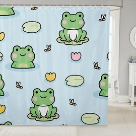 Kids Cute Frog Shower Curtain With Cartoon Dragonfly and Lotus Leaf - Bathroom Decor for Girls Boys Child Bathtub - Nature Animals Plants Waterproof Blue Green Bath Curtain, 12 Hooks, 72"Wx72"L