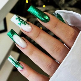Sparkly Green Snowflake Press on Nails Green French Tips Fake Nails 24Pcs Long Square Glossy Green Glitter Acrylic False Nails Xmas Tie Bow Gel Glue on Nails Shine Line Stick on Nail for New Year Gift