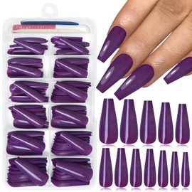 Lifextol 120PC Purple Coffin Press on Nails Long Fake Nails Press ons with Glue Nail Adhesive Tabs, 12 Sizes Long Acrylic Nails Press on Nails Coffin Purple Stick Nails Tips Artificial Fingernails