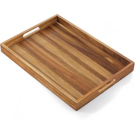 Acacia Wood Serving Tray with Handles - 17-Inch Decorative Wooden Tray - Perfect for Breakfast, Lunch, Dinner, Appetizers, Patio, Ottoman, Coffee Table,BBQ, Party – - Great for Lap &Couch ﻿