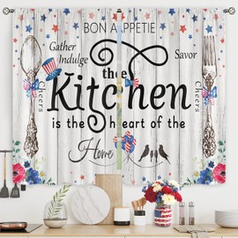 Riyidecor Independence Day 4th of July Kitchen Curtains Red Navy Blue Stars Patriotic Rustic Farm Floral Fork Spoon Rod Pocket Rusic Bedroom Living Room Treatment Fabric 2 Panels 27.5Wx39H Inch