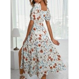 BLENCOT Women's Floral Summer Casual Dress Ladies Square Neck Puff Sleeve Boho Midi Dresses Ruched Bust High Waist Split Long Dress P10120White Large Size