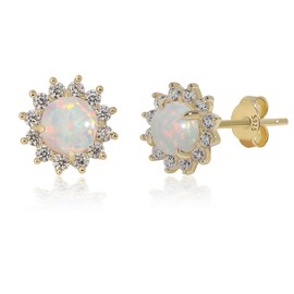 Weiße Feueropal-Ohrringe 4.5 x 4.5 mm zierlicher Edelstein Opal runde Ohrstecker Oktober-Geburtsstein zierliche Opal-Ohrringe handgefertigt Hochzeitsschmuck Geschenk für Bräute Abschlussfeier (Gold)