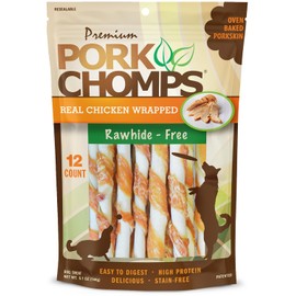 Pork Chomps Baked Pork Skin Dog Chews, 5-inch Mini Twists, Real Chicken Wrap, 12 Count