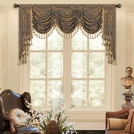Loom and Mill Luxury Jacquard Waterfall Valance for Living Room, Classic Antique Swag Window Valances with Tassels, Bronze Gold Swag Curtains for Bedroom Banquet Holiday Decoration(W79Inch,1 Panel)