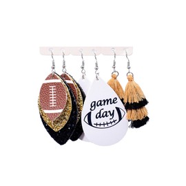 3 Pairs Layered American Football Tassel Leather Dangle Earrings Set Colorful Glitter Football Sports Lover Earrings Game Day Jewelry for Women-Gold