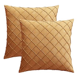 Set of 2 Luxton Pleated Velvet Cushion Covers Ginger Golden Home Decor Checked Pattern Cushion Covers for Lounge Sofa Couch Bedding Decoration (43x43cm, Ginger Orange)