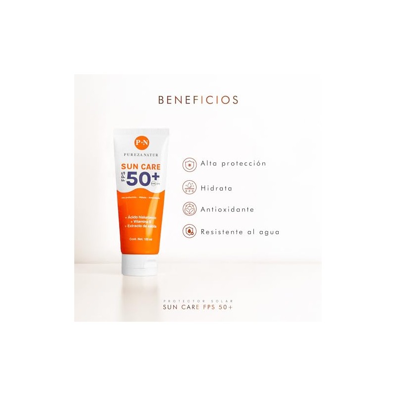 PUREZA NATUR Protector solar facial FPS 50+ con Acido Hialurónico.