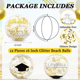 12 Pcs Graduation Beach Balls 16 Inch Class of 2026 Inflatable Gold Glitter Beach Ball Large Congrats Grad PVC Confetti Pool Balls for 2026 Graduation Party Decor Summer Swimming Pool Party Supplies