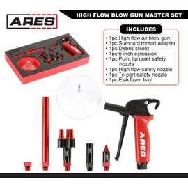 ARES 17003 – High Flow Air Blow Gun Master Set – Heavy Duty Aluminum Die Cast Body – Includes 3 Nozzles, 6-Inch Extension, Debris Shield, and Standard Thread Adapter - Meets OSHA Standards